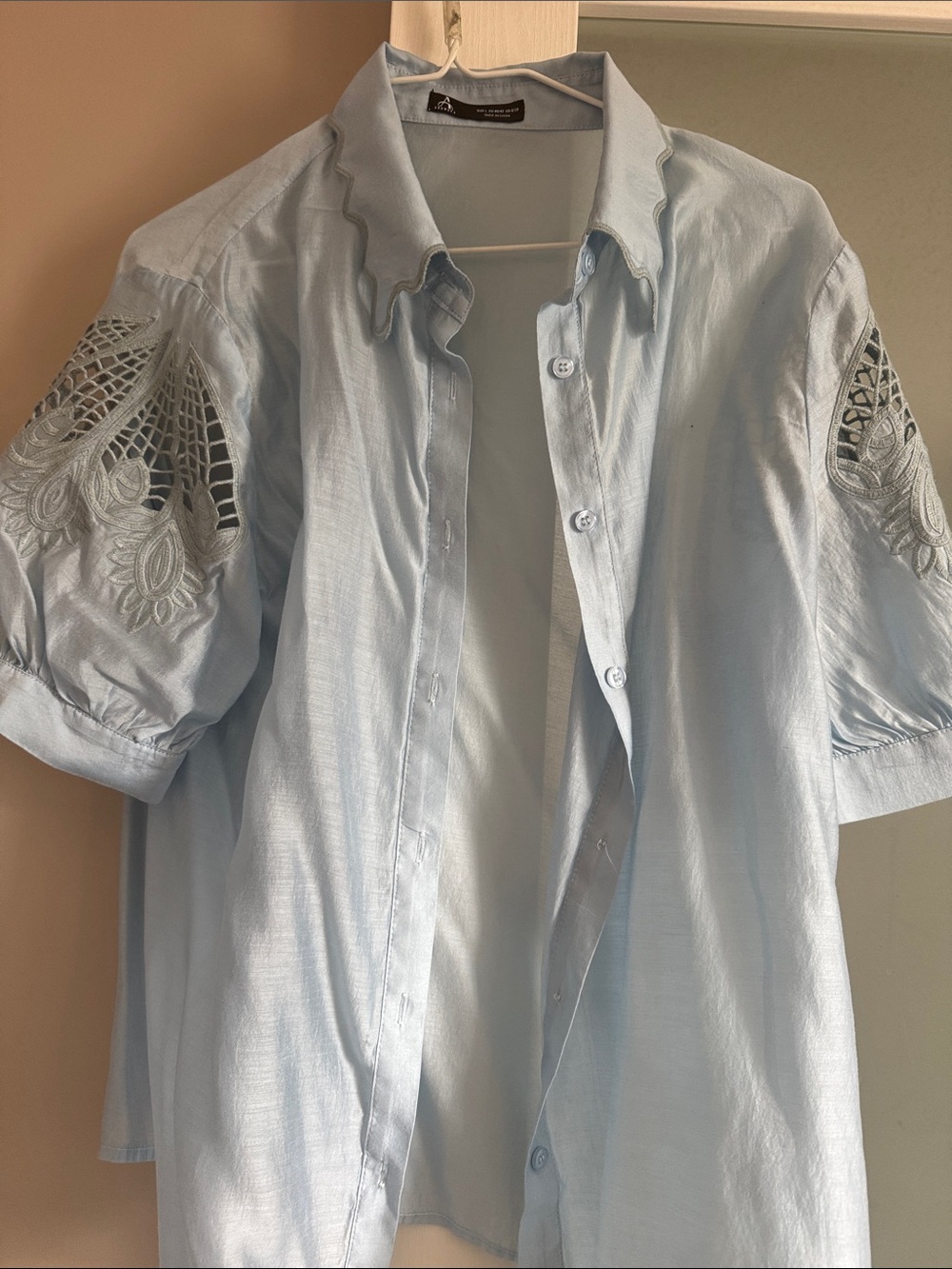 SHEIN Light Blue Short-Sleeve Button-Up Shirt with Crochet Sleeve Detail
